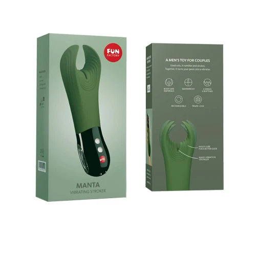 На фото зображено чорно-оливковий вібратор для пеніса Fun Factory MANTA для чоловіків на білому тлі.