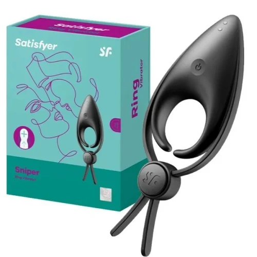 На фото зображено чорне кільце Satisfyer Sniper Black для чоловіків на світлому тлі.