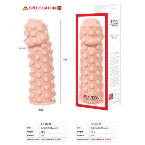 На фото зображено бежеву насадку на член пупирчасту Kokos Extreme Sleeve ES.02 розміру S для пар на білому тлі.