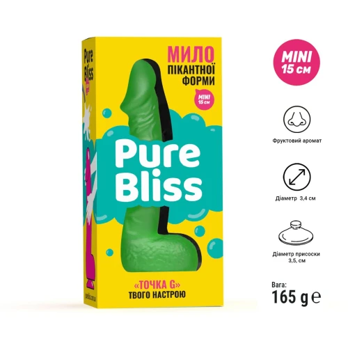 На фото зображено зелене крафтове мило-член із присоскою Pure Bliss MINI Green унісекс на білому тлі.