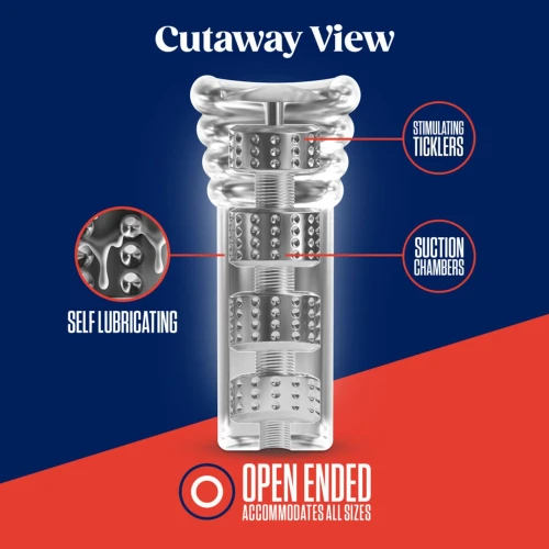 На фото зображений білий мастурбатор Rize by Blush - Luz Glow in the Dark Masturbator, що світиться у темряві для чоловіків на темному тлі