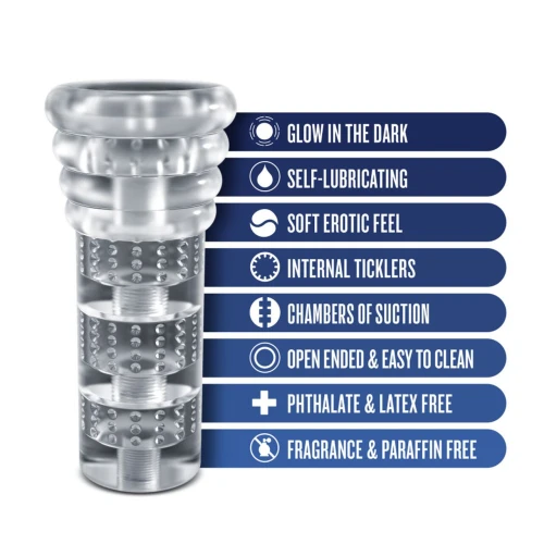 На фото зображений білий мастурбатор Rize by Blush - Luz Glow in the Dark Masturbator, що світиться у темряві для чоловіків на світлому тлі