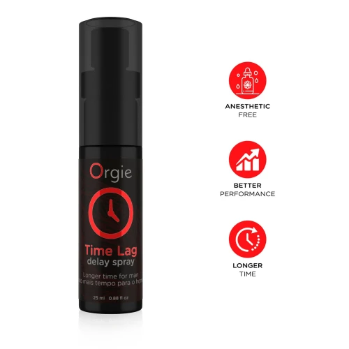 На фото изображен черный спрей-пролонгатор Orgie Time Lag Delay Spray, 25 мл, без анестетиков, с пантенолом для мужчин на белом фоне