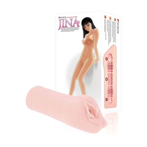 На фото зображено бежевий мастурбатор вагіна Kokos Jina для чоловіків на білому тлі.