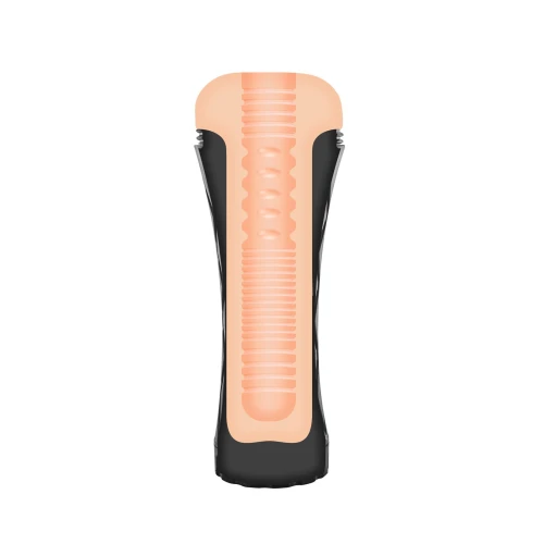 На фото изображен черный мастурбатор-анус с рельефной поверхностью для удобного хвата Real Body - Real Cup Anus для мужчин на светлом фоне