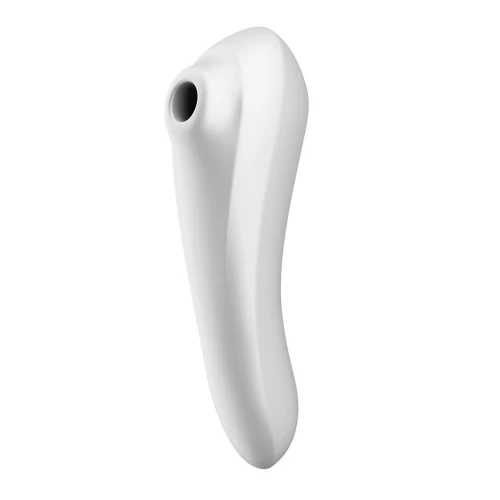 На фото зображено білий вакуумний стимулятор із вібрацією Satisfyer Dual Pleasure White для жінок на білому тлі.