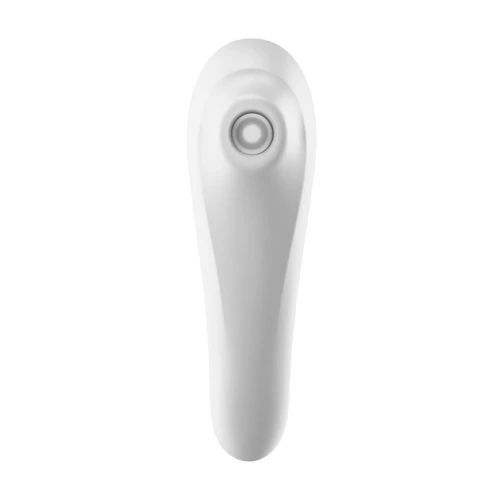 На фото зображено білий вакуумний стимулятор із вібрацією Satisfyer Dual Pleasure White для жінок на білому тлі.