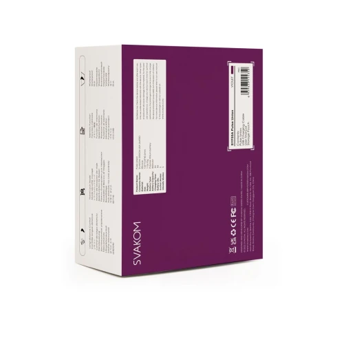 На фото изображена коробка от темно-фиолетового вакуумного вибратора Svakom Pulse Union для женщин на белом фоне.