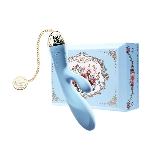 На фото голубой вибратор-кролик с золотыми вставками.