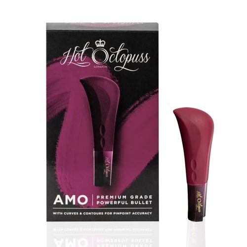 На фото зображений потужний бордовий міні-вібратор Hot Octopuss AMO для жінок на білому тлі.