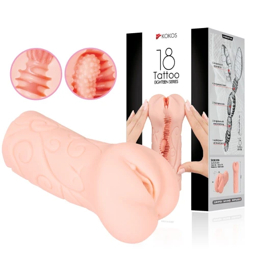 На фото изображен однослойный бежевый мастурбатор-вагина Kokos Tattoo для мужчин на белом фоне