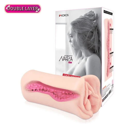 На фото изображен бежевый двухслойный мастурбатор-вагина Kokos Nara Double Layer для мужчин на белом фоне