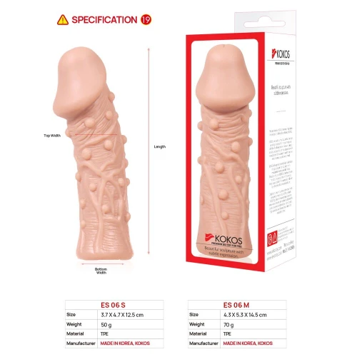 На фото зображено бежеву насадку на член Kokos Extreme Sleeve ES.06 розміру М для пар на білому тлі.