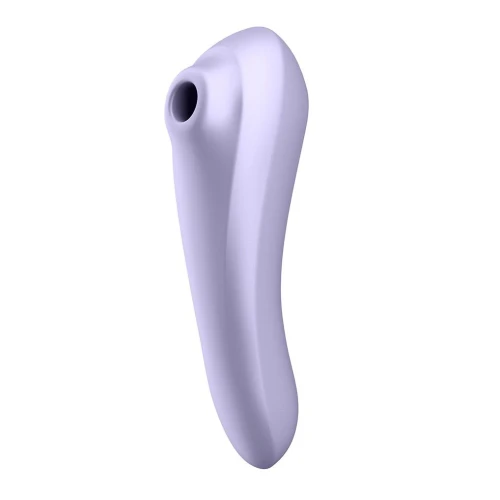 На фото изображен фиолетовый вакуумный стимулятор с вибрацией Satisfyer Dual Pleasure Mauve для женщин на белом фоне.