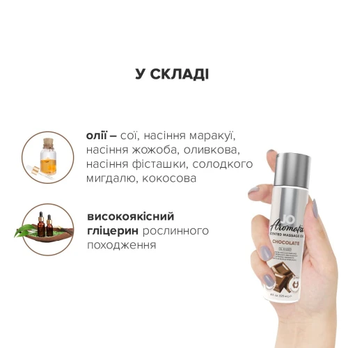 На фото изображено серое массажное масло с эфирными маслами System JO Aromatix - Massage Oil - Chocolate для пар на белом фоне.