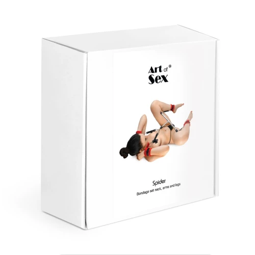 На фото изображена черно-красная распорка для ног, шеи и рук Art of Sex Bondage Spider на белом фоне 