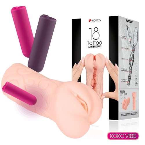 На фото зображений бежевий вібро мастурбатор-вагіна дівча Kokos Tattoo Vibe для чоловіків на світлому тлі