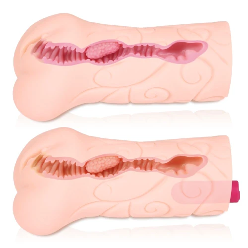 На фото зображений бежевий вібро мастурбатор-вагіна дівча Kokos Tattoo Vibe для чоловіків на світлому тлі