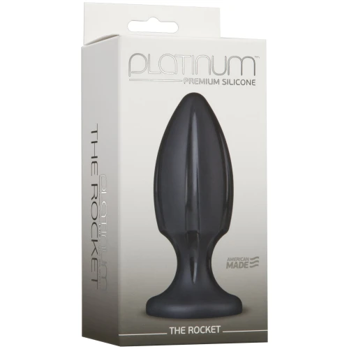 На фото зображено чорну анальну пробку з каналами для змащування Doc Johnson Platinum Premium Silicone - The Rocket - Black унісекс на світлому тлі
