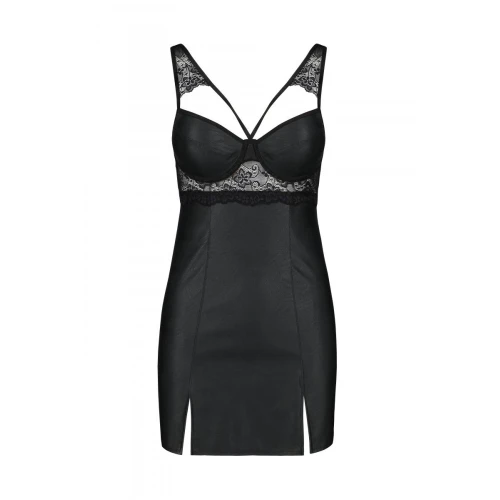 Passion Loona Chemise black S/M - Бебі-дол з еко-шкіри та мережива