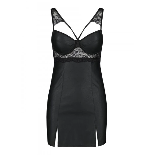 Passion Loona Chemise black S/M - Бебі-дол з еко-шкіри та мережива