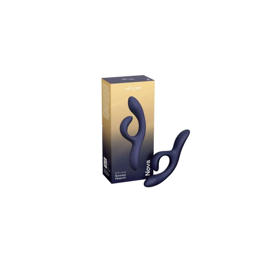 На фото фиолетовый регулируемый смарт-вибратор-кролик в фиолетовой коробке с желтыми вставками