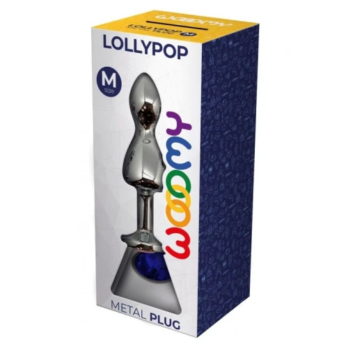 На фото изображена анальная пробка с синим камнем Wooomy Lollypop Double Ball Metal Plug Blue М унисекс на светлом фоне