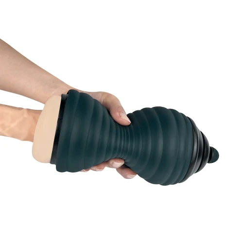 На фото изображен бежево-зеленый реалистичный мастурбатор-вагина с регулировкой давления Adrien Lastic Siltex Ultra Masturbator для мужчин на белом фоне