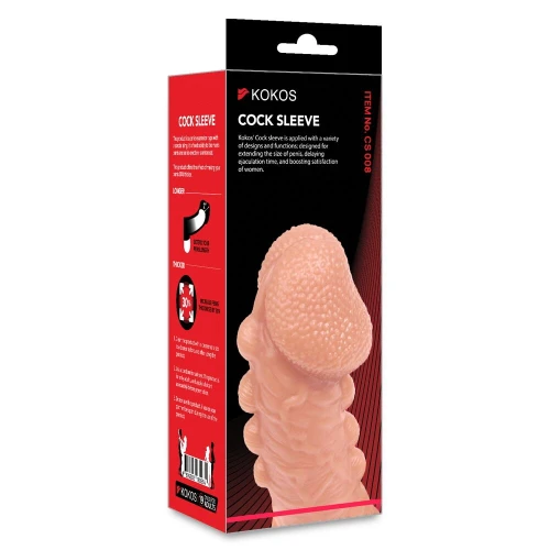 На фото зображено бежеву насадку на член з бульбашками Kokos Cock Sleeve CS 008 L для пар на білому тлі.