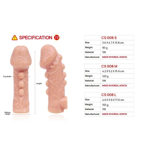 На фото зображено бежеву насадку на член з бульбашками Kokos Cock Sleeve CS 008 L для пар на білому тлі.