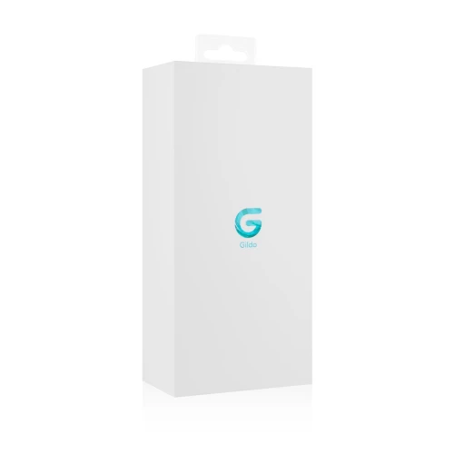 На фото зображена біла коробка скляного дилдо з червоним, синім та жовтим рельєфом Gildo Glass Dildo No. 10 унісекс на білому тлі