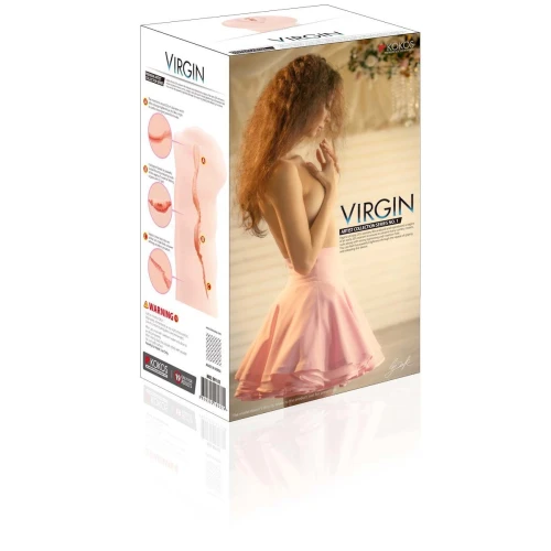 На фото зображено різнокольорову коробку мастурбатора-вагини Kokos Virgin для чоловіків на білому тлі.