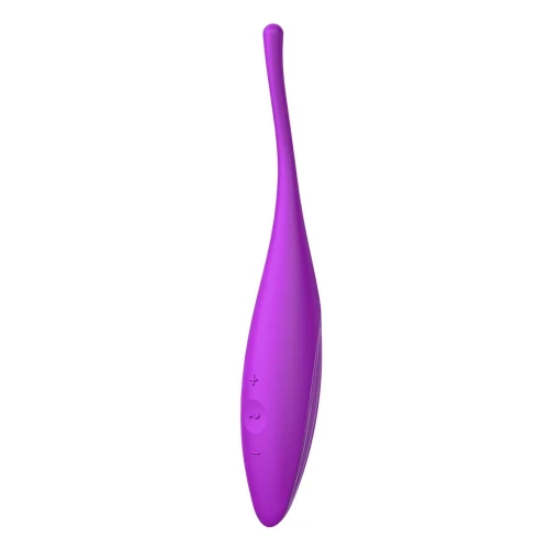 На фото изображен фиолетовый вибратор для клитора с функцией "Смарт" Satisfyer Twirling Joy Fuchsia для женщин на белом фоне.