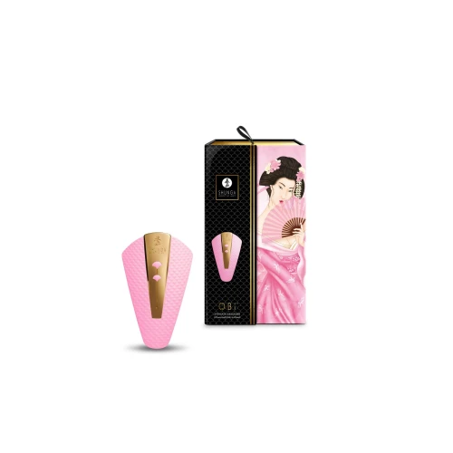 На фото зображено рожевий кліторальний вібратор Shunga - Obi Intimate Massager Light Pink для жінок на білому тлі.