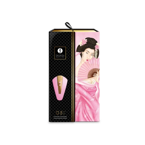 На фото зображено рожевий кліторальний вібратор Shunga - Obi Intimate Massager Light Pink для жінок на білому тлі.
