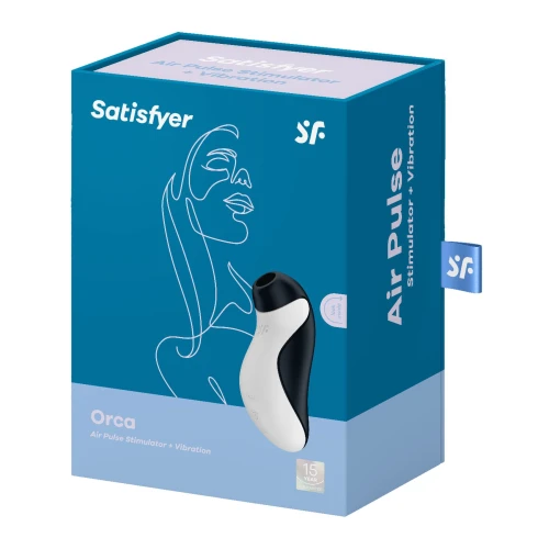 На фото зображено чорно-білий вакуумний стимулятор Satisfyer Orca для жінок на білому тлі.