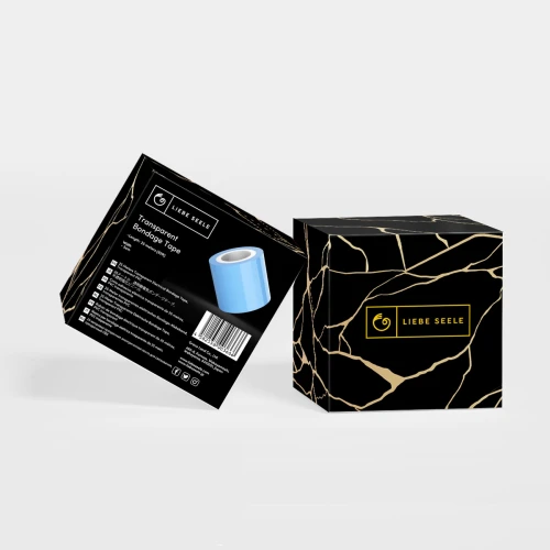На фото изображена черная коробка скотча для бондажа (25м) Liebe Seele Bondage Tape унисекс на белом фоне