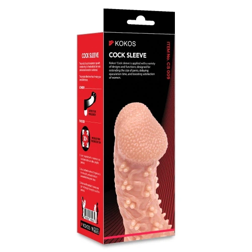 На фото зображено бежеву насадку на член з бульбашками Kokos Cock Sleeve CS 009 L для пар на білому тлі.