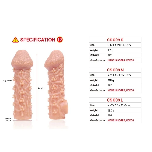 На фото зображено бежеву насадку на член з бульбашками Kokos Cock Sleeve CS 009 L для пар на білому тлі.