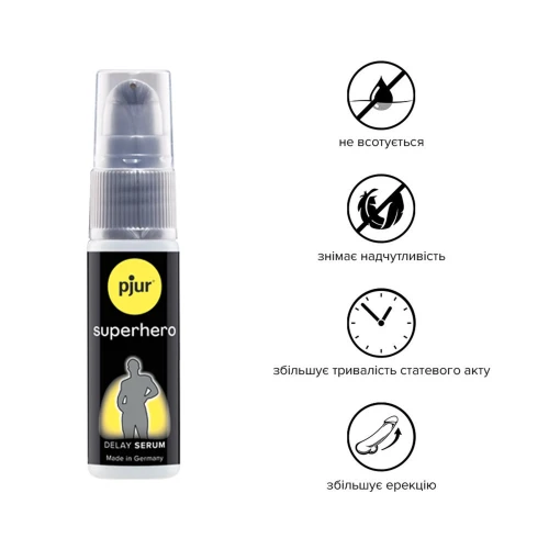 На фото изображен черный Pjur Superhero Serum 20 мл - Гель-пролонгатор с эффектом снижения чувствительности для мужчин на белом фоне