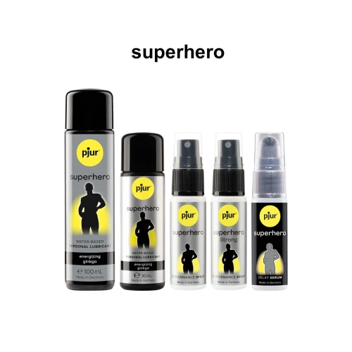 На фото изображен черный Pjur Superhero Serum 20 мл - Гель-пролонгатор с эффектом снижения чувствительности для мужчин на белом фоне