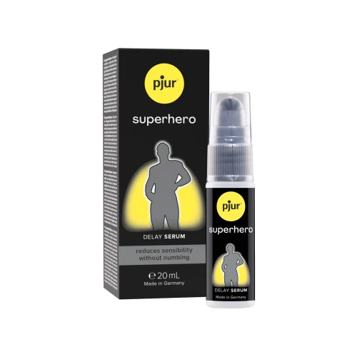 На фото изображен черный Pjur Superhero Serum 20 мл - Гель-пролонгатор с эффектом снижения чувствительности для мужчин на белом фоне