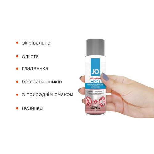 На фото изображен полупрозрачный согревающий лубрикант на водной основе с экстрактом перечной мяты System JO H2O WARMING (60мл) с серой крышкой унисекс на белом фоне.