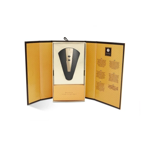 На фото изображен черный клиторальный вибратор Shunga - Obi Intimate Massager Black для женщин на белом фоне.