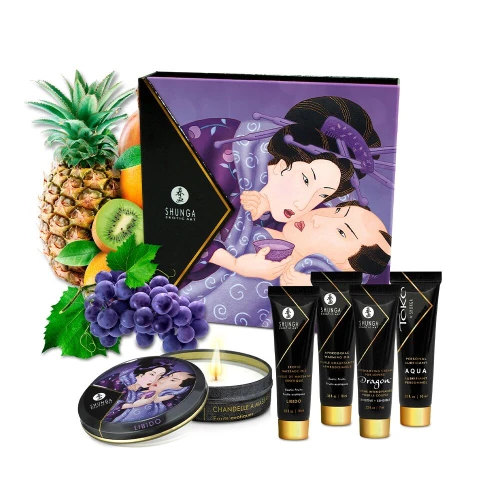 На фото зображено чорно-фіолетовий подарунковий набір Shunga GEISHAS SECRETS - Exotic Fruits унісекс на білому тлі.