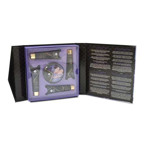 На фото зображено чорно-фіолетовий подарунковий набір Shunga GEISHAS SECRETS - Exotic Fruits унісекс на білому тлі.