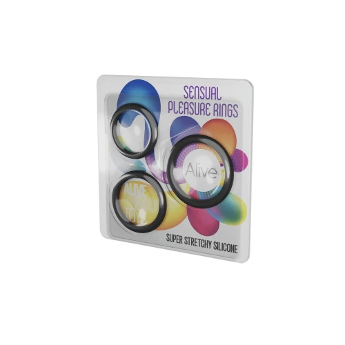 На фото изображен набор из трех круглых черных эрекционных колец Alive Sensual Pleasure Rings для мужчин на белом фоне