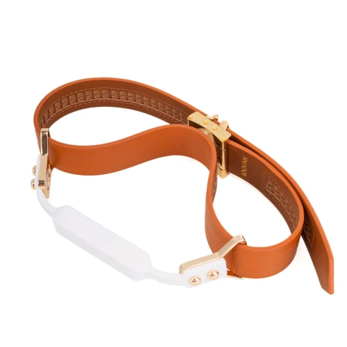 На фото зображено коричневий шкіряний кляп з 2-ма насадками LOCKINK Ball-Gag & Gag-bite Set - Brown унісекс на білому тлі