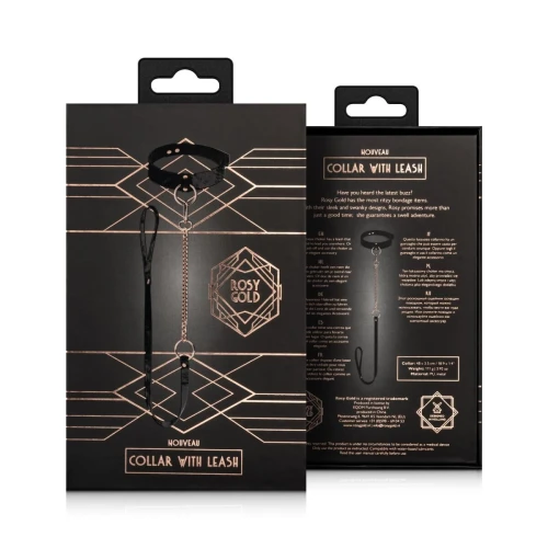 На фото изображен черный ошейник с поводком Rosy Gold - Collar with Leash - Black унисекс на белом фоне