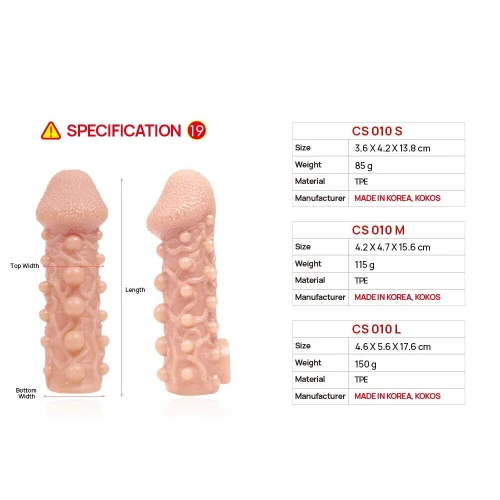 На фото зображено бежеву насадку на член з бульбашками Kokos Cock Sleeve CS 010 L для пар на білому тлі.